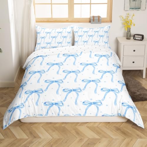 Cartoon Bowknot Girls Duvet Cover Set Full Size Kids Bow Tie Princess Bedding Sets 3Pcs for Child Girly Woman Room Decor, Butterfly Knot Comforter Cover with 2 Pillowcases (No Comforter) Blue - color: Blue, size: Full 80"x90"