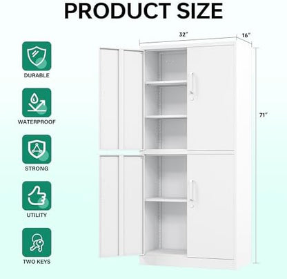 Letaya Metal Storage Cabinet with Lock Door, Adjustable Shelf Steel Cabinets for Office, Home,Pantry,Kitchen,Garage Utility Cabinet (4 Door-White)