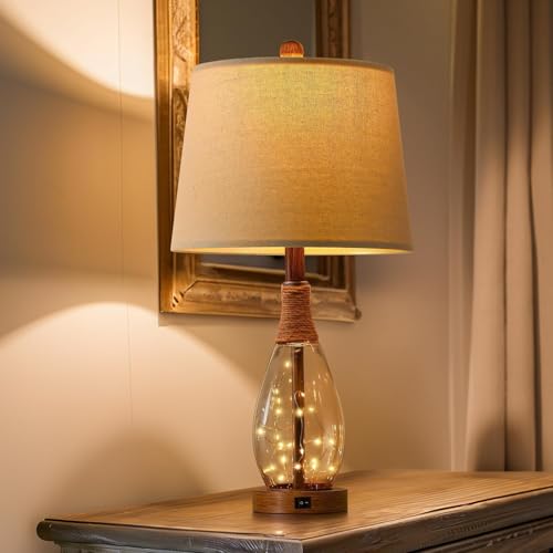 OYEARS 23" USB A+C Table Lamps for Bedroom Living Room Modern Bedside Lamps Retro Farmhouse Rattan Glass Nightstand Nightlight Lamps,Two Light Points - color: Walnut