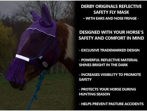 Derby Originals Reflective Safety Horse Fly Mask with Ears and Nose Cover Fringes