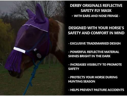 Derby Originals Patriotic Reflective Safety Horse Fly Mask with Ears and Nose Cover Fringes with 1 Year Warranty (White, (Small (Pony))