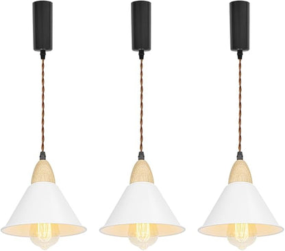 3.2-Foot Adjusted Cable H-Type Track Lamp White Metal Shade Wood Base Modern Pendant Lighting for Kitchen Dining Room 3-Pack(No Bulb, Track)