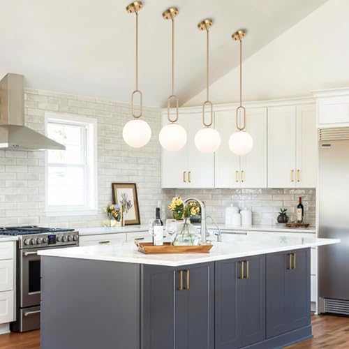 Modern Gold Globe Pendant Light White Globe Glass Shade 2 Pack Brushed Brass Finished Adjustable Rods Hanging Light Fixtures for Kitchen Island Living Room - color: Gold 2 Pack-Adjustable Rods