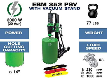 CS Unitec | EBM 352/3 PSV | Diamond Core Drill Motor with Vacuum & Anchor Stand for Reinforced Concrete. High Torque, 20 Amp, Drilling Capacity up to 14” Diameter (with Spacer) – Made in Germany