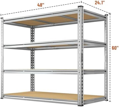 Garage Shelving Load 2600LBS, 4-Tier Storage Shelves, Adjustable Garage Shelves, Shelving Units and Storage, Metal Shelf for Kitchen, Pantry, Warehouse, 48" W x 60 "H x 24.1" D, Galvanized