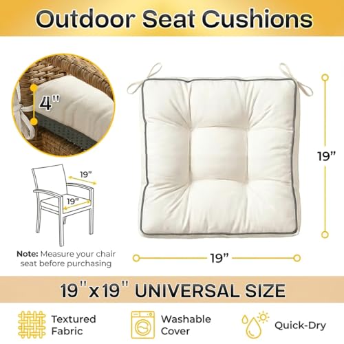 4 Pack 19x19 Inch Shredded Foam Chair Cushions with Straps - All-Season Seat Pads for Indoor/Outdoor Dining, Office, Patio, Kitchen Chairs (Cream, 19 INCH × 19 INCH) - color: Cream