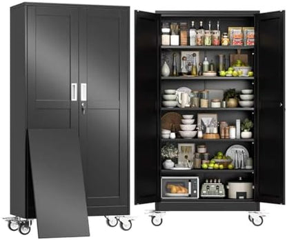 74" H Metal Pantry Storage Locker Cabinet with Wheels,Rolling Kitchen Pantry Cabinet with 2 Doors and 5 Adjustable Shelves, Lockable Steel Garage Tool Cabinet Organization for Home,Gym,School,Black