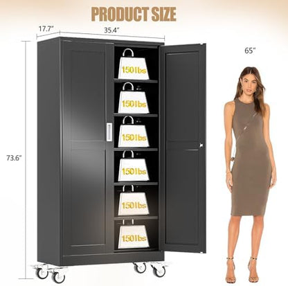 74" H Metal Pantry Storage Locker Cabinet with Wheels,Rolling Kitchen Pantry Cabinet with 2 Doors and 5 Adjustable Shelves, Lockable Steel Garage Tool Cabinet Organization for Home,Gym,School,Black