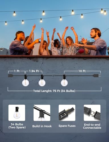 XMCOSY+ Smart Outdoor String Lights, 75Ft G40 Globe Patio Lights with 34 Dimmable LED Bulbs, WiFi & APP Control, Work with Alexa, Extendable Waterproof LED String Lights for Outside, Porch, Backyard - size: 75Ft(34 Sockets)+Smart Controller