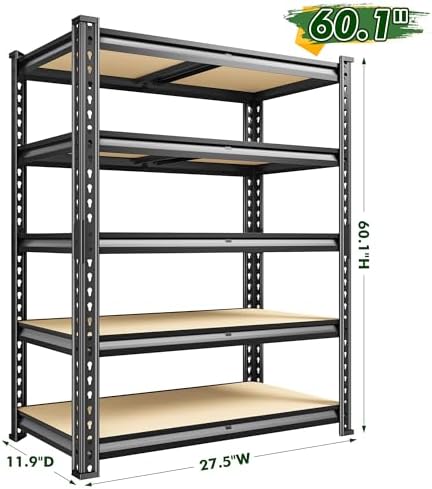 60.1" H Garage Storage Shelves 1990LBS Storage Shelves, 5 Tier Adjustable Metal Shelving, Garage Shelving for Storage, Basement, Warehouse, Pantry, Kitchen, 27.5" W x 11.9" D x 60.1" H, Black, 2 Pack