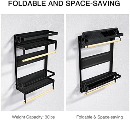 Magnetic Paper Towel Holder with Multi-Layer Storage Shelf, Stable Magnetic Organizer for Refrigerator, Garage Tool Cabinet and RV, Wall Mount Spice Rack and Paper Roll Hanger (Large- Black)