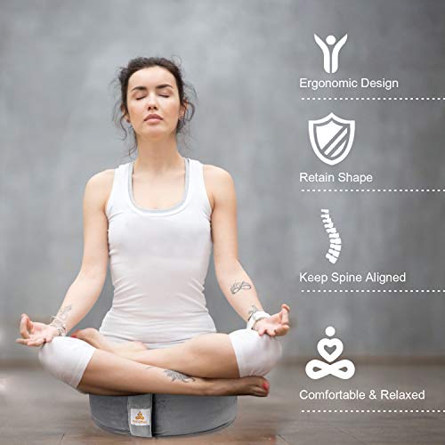 Embroidered Meditation Pillow D=16" H=5.5" Round Velvet Meditation Cushion Yoga Bolster Floor Pouf Zafu Natural Buckwheat hulls Sitting on Floor Removable Organic Cotton Cover Large Kneeling Pillow - color: Dark Grey