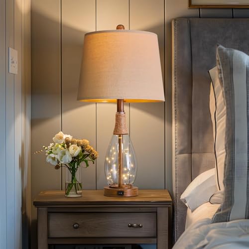 OYEARS 23" USB A+C Table Lamps for Bedroom Living Room Modern Bedside Lamps Retro Farmhouse Rattan Glass Nightstand Nightlight Lamps,Two Light Points - color: Walnut