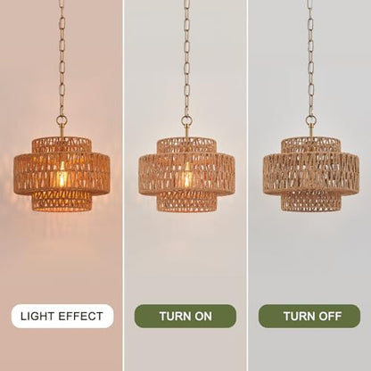12.6" Rattan Pendant Light, Hand-Woven Boho Farmhouse Hanging Light Fixture, Mini Drum Wicker Rattan Chandelier for Kitchen Island, Bedroom, Dining Room, Entryway - color: Gold 12.6"