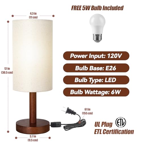 Small Table Lamp for Bedroom, Nightstand Lamp Linen Lampshade Bedroom Wood Base Small Bedside Lamp for Night Stands, Desk Lamps for Reading Living Room, Office (LED Bulb Included) (Black-Walnut Wood) - color: Black-Walnut Wood