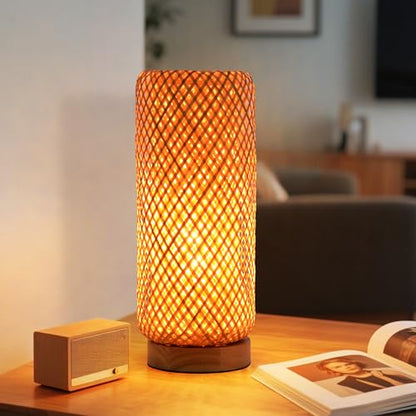 Behemian Bamboo Table Lamp, Dimmable Rustic Farmhouse Hand Wicker Desk Lamp Bedside Lamps Night Light Decorations for Bedroom, Living Room, Home Office, Nursery, Reading Nook (Bulb Included)