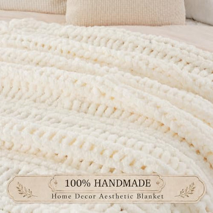 Battilo Chunky Knit Throw Blanket for Couch, Hand Made Chenille Throw Blanket, Super Soft Warm Cozy Cream White Blanket for Bed, Sofa, Living Room, 50"x60" - color: Cream White