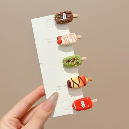 5 Pairs(10 Pcs) Super Cute Lovely Summer Realistic Mini Icecream Hairpin Ice Sucker Hair Clips Hair Decoration Women Girls Salon Hairstyle Hairdressing Grip -Icecream 2