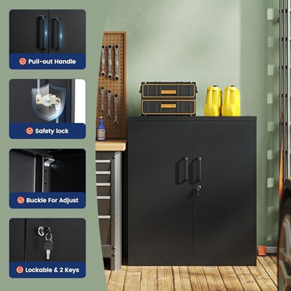 Yizosh Metal Garage Storage Cabinet with 2 Doors and 2 Adjustable Shelves - 35.5" Steel Lockable File Counter Cabinet for Home Office,Garage,Gym,School（Black） (Pack of 2)