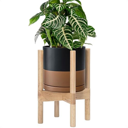 D'vine Dev Ceramic Planter with Natural Stand - 8 Inch Modern Round Flower Pot with Wood Planter Holder, Black/Speckled Tan, 55-B-N-7 - color: Black/Speckled Tan Pot + Natural Stand, size: 8 Inch