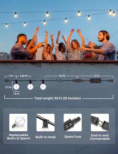 XMCOSY+ Patio Lights, Smart 50Ft Outdoor String Lights with 25 Dimmable G40 Globe Bulbs, APP Control, Work with Alexa, Connectable Waterproof LED Outdoor Light - size: 50FT(25 Sockets)+Smart Controller