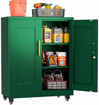 Small Metal Storage Cabinet with Wheels, Lockable Tool Cabinet with Doors