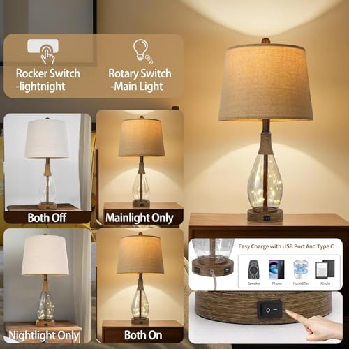 OYEARS 23" USB A+C Table Lamps for Bedroom Living Room Modern Bedside Lamps Retro Farmhouse Rattan Glass Nightstand Nightlight Lamps,Two Light Points - color: Walnut
