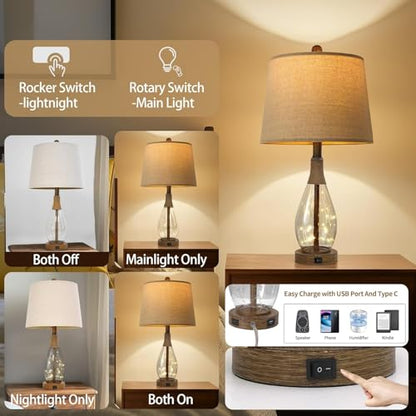 OYEARS 23" USB A+C Table Lamps for Bedroom Living Room Modern Bedside Lamps Retro Farmhouse Rattan Glass Nightstand Nightlight Lamps,Two Light Points - color: Walnut
