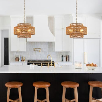 17.8" Boho Rattan Chandelier Light Fixture, 4-Light Golden Hand Woven Pendant Light Fixture Farmhouse Rustic Wicker Chandeliers for Kitchen, Bedroom, Dining Room, Living Room, Hallway, Foyer - color: Gold 17.8"