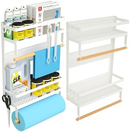 Magnetic Paper Towel Holder with Multi-Layer Storage Shelf, Stable Magnetic Organizer for Refrigerator, Garage Tool Cabinet and RV, Wall Mount Spice Rack and Paper Roll Hanger(Large-White)