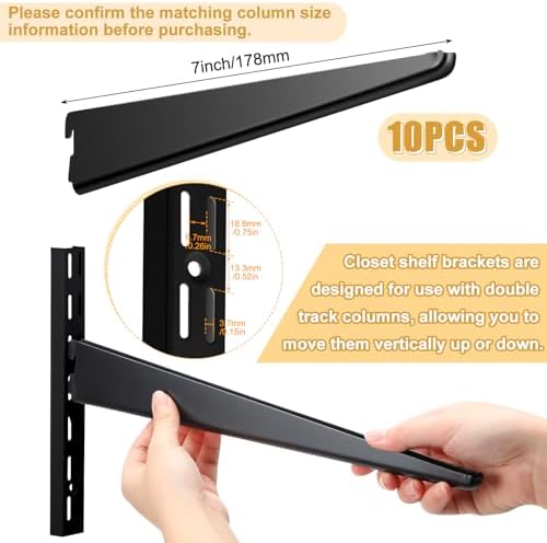 Yalikop 10 Pack Adjustable Shelf Brackets for Double Track System Closet Organization Heavy Duty Wire Shelf Brackets (Black,7 Inches)