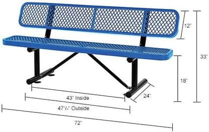 Global Industrial 6'L Heavy Duty Expanded Metal Mesh Bench with Backrest with Steel Frame, Portable Outdoor Bench, 1000 lbs Capacity, Blue, 72" L x 24" W x 33" H