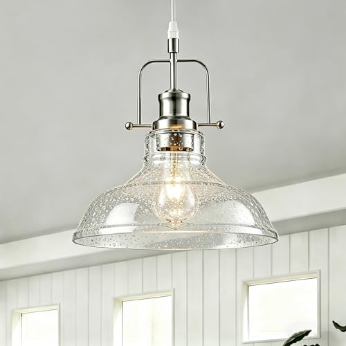 WILON Seeded Glass Pendant Lights,11 Inch Sand Nickel Pendant Lights Kitchen Island with E26 Base Vintage Hanging Ceiling Lamp for Kitchen Sink Hallway Dining Room Entry Hall(Sand Nickel Color) - color: Sand nickel color
