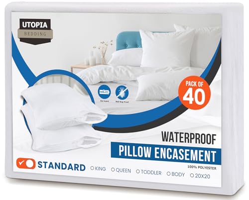 Utopia Bedding Premium 100% Waterproof Pillow Protectors with Zipper Standard Size (Set of 40), Bed Bug and Dust Mite Proof Zippered Pillow Covers, Pillow Encasement Cases, White - size: Standard (Pack of 40)