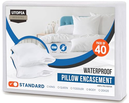 Utopia Bedding Premium 100% Waterproof Pillow Protectors with Zipper Standard Size (Set of 40), Bed Bug and Dust Mite Proof Zippered Pillow Covers, Pillow Encasement Cases, White - size: Standard (Pack of 40)