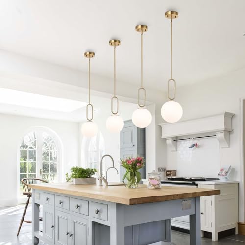 Modern Gold Globe Pendant Light White Globe Glass Shade 2 Pack Brushed Brass Finished Adjustable Rods Hanging Light Fixtures for Kitchen Island Living Room - color: Gold 2 Pack-Adjustable Rods