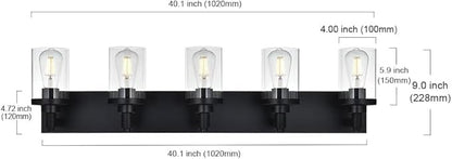 Black Modern Vanity Light for Bathroom,5-Light Bathroom Lighting Fixtures Over Mirror with Clear Glass Shade Wall Mount Light Fixture, E26 Metal Wall Lights for Hallway Kitchen Living Room