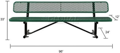 Global Industrial 8'L Heavy Duty Expanded Metal Mesh Bench with Backrest with Steel Frame, Portable Outdoor Bench, 1000 lbs Capacity, Green, 96" L x 24" W x 33" H