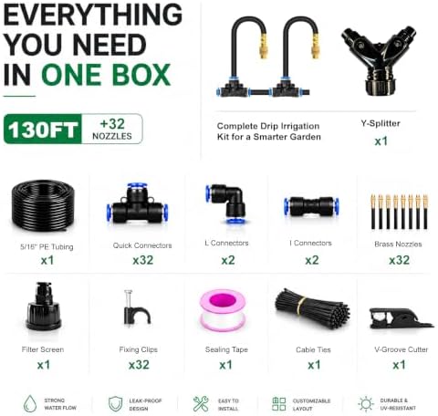 5/16" Drip Irrigation System 130 ft with 32-Pcs 360° Adjustable Copper Nozzles, Automatic Misting Watering System for Garden, Raised Beds, Greenhouse (130ft+32 nozzles)