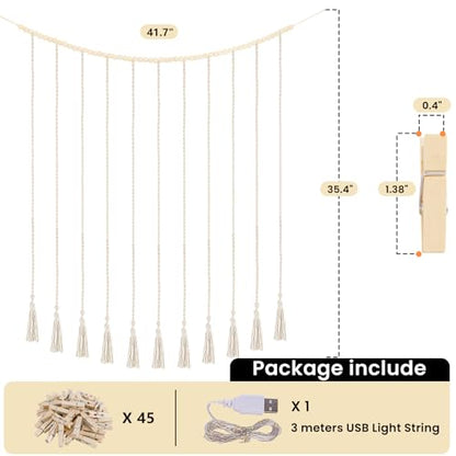 Macrame Hanging Photo Display Boho Wall Decor with String Lights Wooden Beads Garland Picture Frame Collage Holder with 45 Clips for Room, Bedroom, Dorm, Christmas Teenage Teen Girl Gifts (Beige, Large) - size: Large