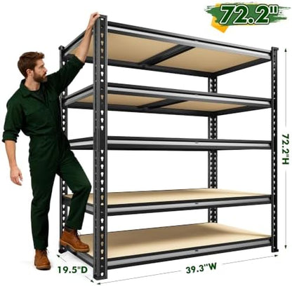 72.2" H Garage Shelves 39.3" W x 19.5" D Storage Shelf, 5 Tier Adjustable Metal Shelf, Heavy Duty Shelving for Storage, Basement, Warehouse, Pantry, Shed, 2230LBS, Black