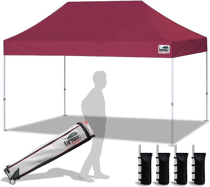 Eurmax USA 10'x15' Pop Up Canopy Tent Commercial Instant Canopies with Heavy Duty Roller Bag,Bonus 4 Sand Weights Bags (Burgundy)