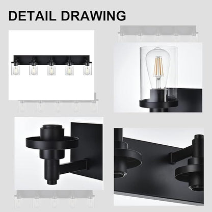 Black Modern Vanity Light for Bathroom,5-Light Bathroom Lighting Fixtures Over Mirror with Clear Glass Shade Wall Mount Light Fixture, E26 Metal Wall Lights for Hallway Kitchen Living Room