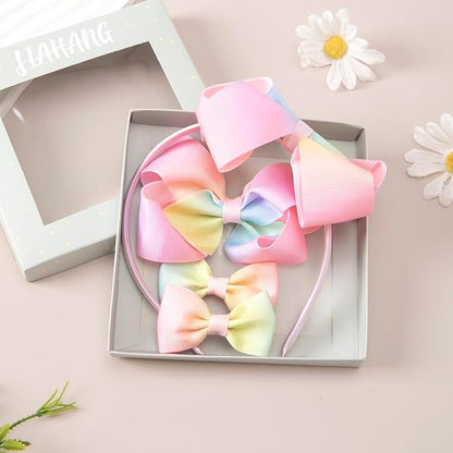 JIAHANG Baby Girls 4 Inch Grosgrain Ribbon Hair Bow Headband and Alligator Clips Set, Colorful Hair Bow Accessories for Children Toddler School Girls 4Pcs Gift Set (pink1)