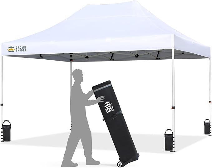 CROWN SHADES 10x15 Pop Up Canopy Tent, Thicken Frame Commercial Heavy Duty Tent, 8 Stakes & 4 Sandbags & 4 Ropes, Outdoor Canopies for Events, Parties,White