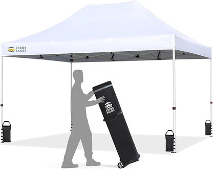 CROWN SHADES 10x15 Pop Up Canopy Tent, Thicken Frame Commercial Heavy Duty Tent, 8 Stakes & 4 Sandbags & 4 Ropes, Outdoor Canopies for Events, Parties,White