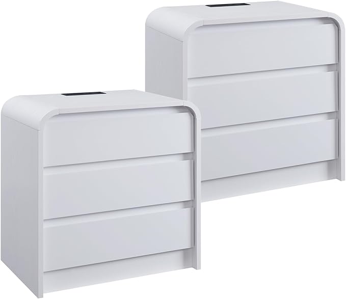 25" Tall Modern Nightstand Set of 2, 23.6" Wide Wood Bedside Table with Charging Station, 3 Storage Drawers Side Table w/Curved Profile Design, End Table for Bedroom, White