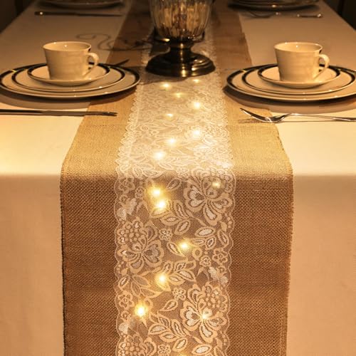 Xinnun 6 Pack Burlap Table Runner with Warm LED Lights,Rustic Lace Wedding Table Decor,Boho Farmhouse Jute Runner for Reception Bridal Shower Party(Classic,12x108 Inches) - size: 12X108 Inches, style: Classic