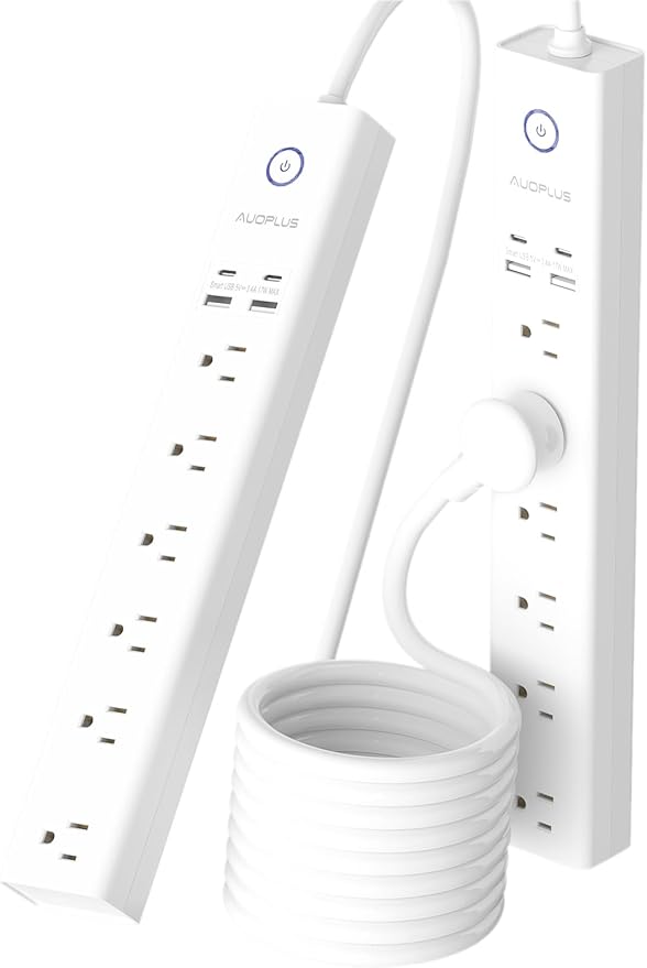 Power Strip Surge Protector with USB C Ports, AUOPLUS 6 Outlet and 4 USB Charger, 10FT Long Extension Cord Flat Plug(1250W/10A/2100J), Wall Mountable Overload Protection for Home Office Dorm