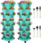 DUNCHATY Stackable Planter, Vertical Garden Planter with Wheels and Tools, Self Watering Strawberry Planter Indoor/Outdoor 7 Tier Herb Planter Pots for Growing Vegetables and Succulents, Teal